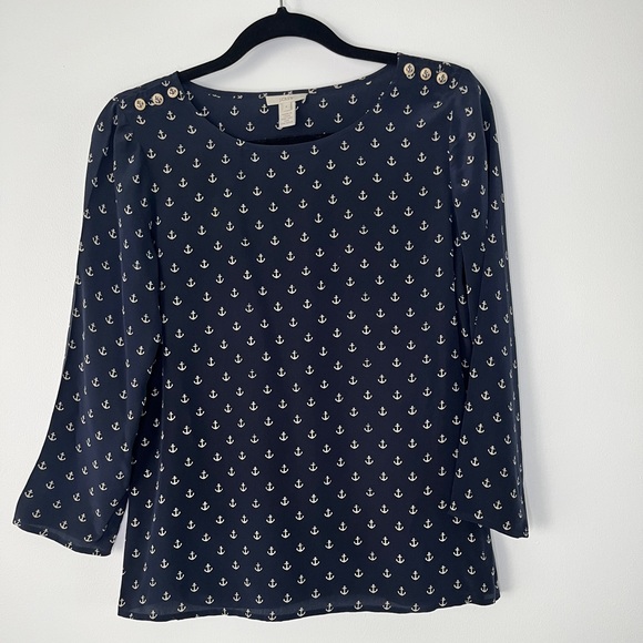J. Crew 100% silk blouse. Anchor print. Navy and off white. - Picture 1 of 4
